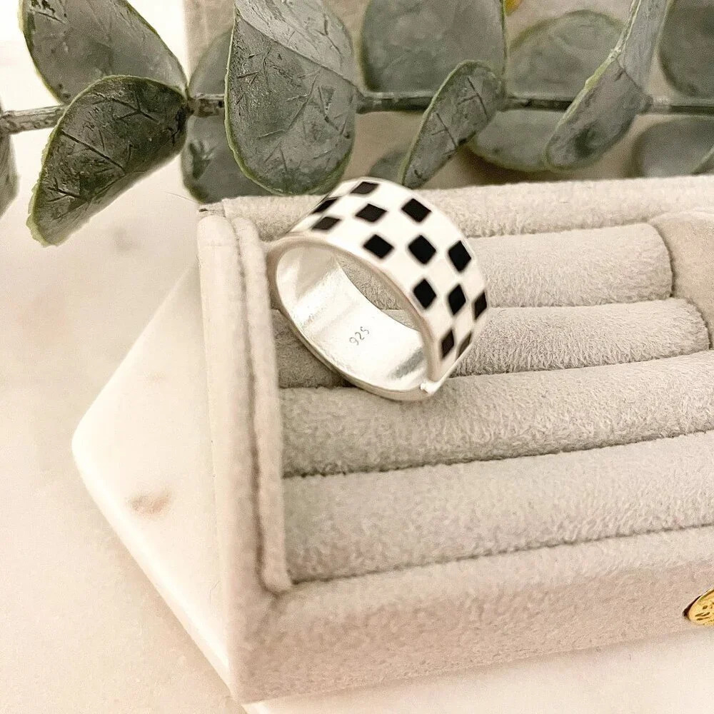925 SSterling Silver Checkered Ring Checkerboard Ring Minimalist Wide Ring - Picture 6 of 6
